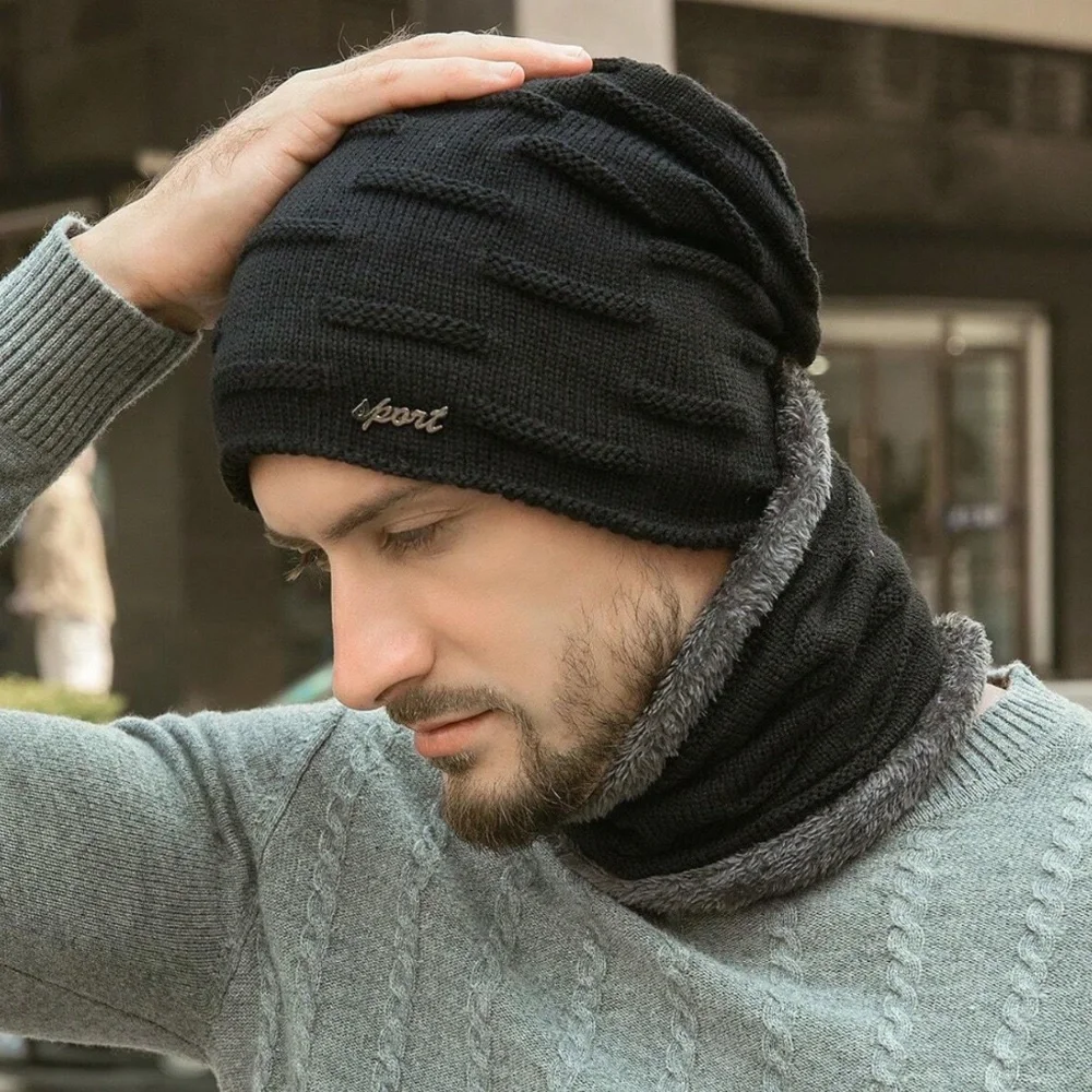 Men's Teddy Lined Cashmere Beanie Infinity Scarf Set